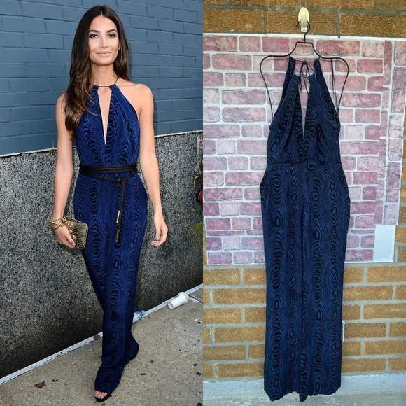 Diane von Furstenberg Blue Black Wood Grain Print Silk Jumpsuit Sz 4 - Picture 3 of 17